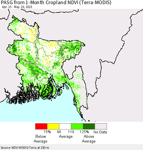 Bangladesh PASG from 1-Month Cropland NDVI (Terra-MODIS) Thematic Map For 5/9/2023 - 5/16/2023