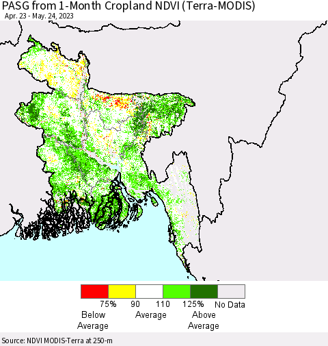 Bangladesh PASG from 1-Month Cropland NDVI (Terra-MODIS) Thematic Map For 5/17/2023 - 5/24/2023