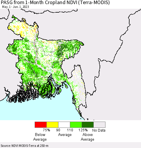 Bangladesh PASG from 1-Month Cropland NDVI (Terra-MODIS) Thematic Map For 5/25/2023 - 6/1/2023