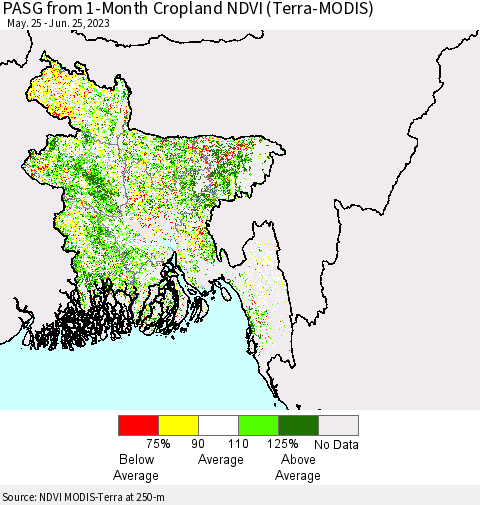 Bangladesh PASG from 1-Month Cropland NDVI (Terra-MODIS) Thematic Map For 6/18/2023 - 6/25/2023