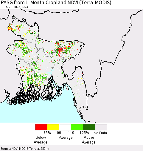 Bangladesh PASG from 1-Month Cropland NDVI (Terra-MODIS) Thematic Map For 6/26/2023 - 7/3/2023