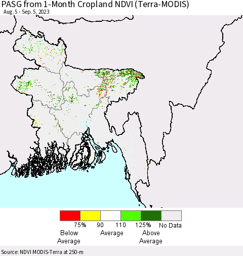 Bangladesh PASG from 1-Month Cropland NDVI (Terra-MODIS) Thematic Map For 8/29/2023 - 9/5/2023