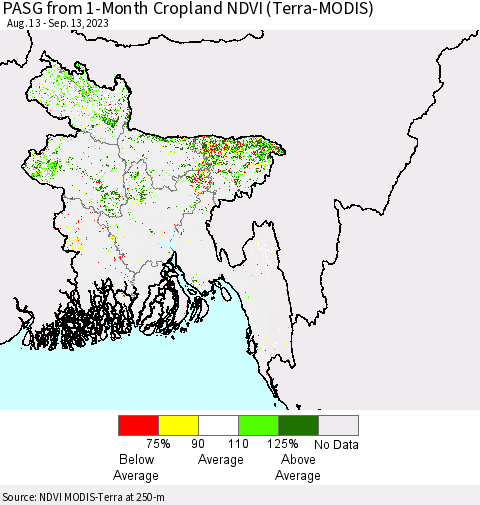 Bangladesh PASG from 1-Month Cropland NDVI (Terra-MODIS) Thematic Map For 9/6/2023 - 9/13/2023