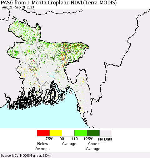 Bangladesh PASG from 1-Month Cropland NDVI (Terra-MODIS) Thematic Map For 9/14/2023 - 9/21/2023