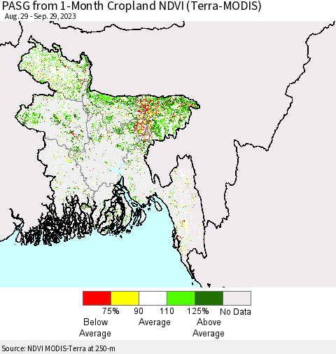 Bangladesh PASG from 1-Month Cropland NDVI (Terra-MODIS) Thematic Map For 9/22/2023 - 9/29/2023