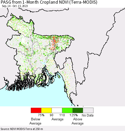 Bangladesh PASG from 1-Month Cropland NDVI (Terra-MODIS) Thematic Map For 10/8/2023 - 10/15/2023