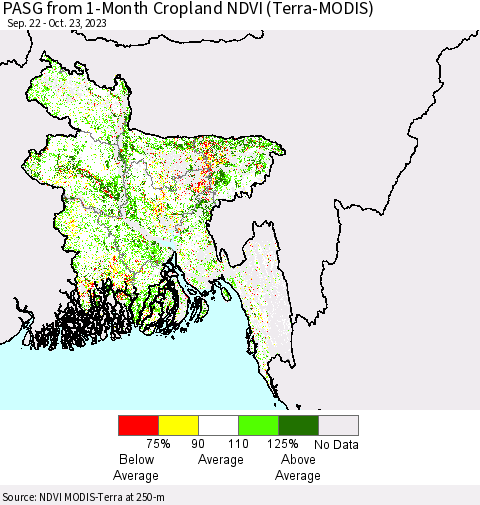 Bangladesh PASG from 1-Month Cropland NDVI (Terra-MODIS) Thematic Map For 10/16/2023 - 10/23/2023