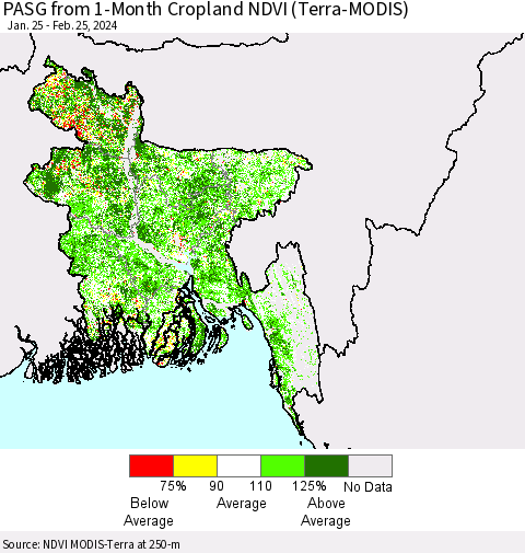 Bangladesh PASG from 1-Month Cropland NDVI (Terra-MODIS) Thematic Map For 2/18/2024 - 2/25/2024
