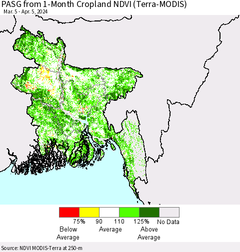 Bangladesh PASG from 1-Month Cropland NDVI (Terra-MODIS) Thematic Map For 3/29/2024 - 4/5/2024