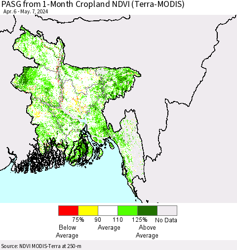 Bangladesh PASG from 1-Month Cropland NDVI (Terra-MODIS) Thematic Map For 4/30/2024 - 5/7/2024