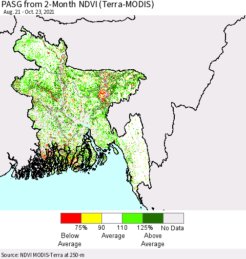 Bangladesh PASG from 2-Month NDVI (Terra-MODIS) Thematic Map For 10/16/2021 - 10/23/2021