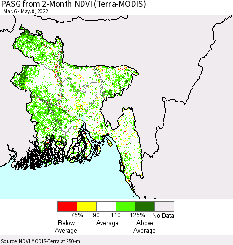 Bangladesh PASG from 2-Month NDVI (Terra-MODIS) Thematic Map For 5/1/2022 - 5/8/2022