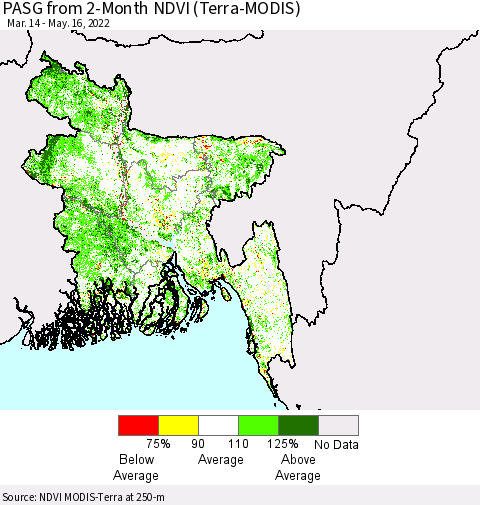 Bangladesh PASG from 2-Month NDVI (Terra-MODIS) Thematic Map For 5/9/2022 - 5/16/2022
