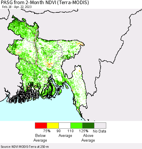 Bangladesh PASG from 2-Month NDVI (Terra-MODIS) Thematic Map For 4/15/2023 - 4/22/2023