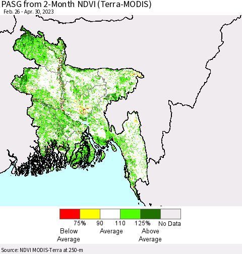 Bangladesh PASG from 2-Month NDVI (Terra-MODIS) Thematic Map For 4/23/2023 - 4/30/2023