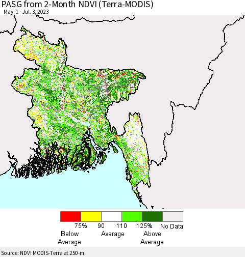 Bangladesh PASG from 2-Month NDVI (Terra-MODIS) Thematic Map For 6/26/2023 - 7/3/2023