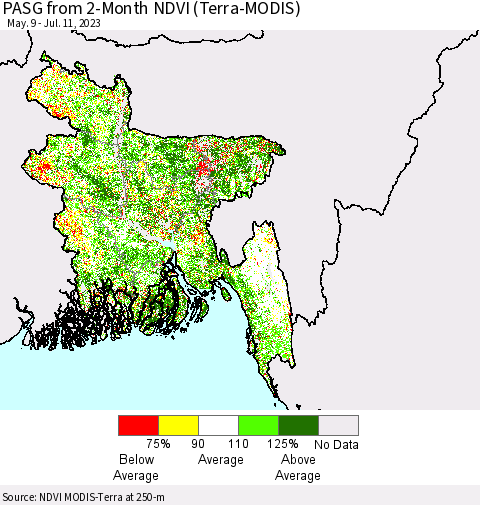 Bangladesh PASG from 2-Month NDVI (Terra-MODIS) Thematic Map For 7/4/2023 - 7/11/2023
