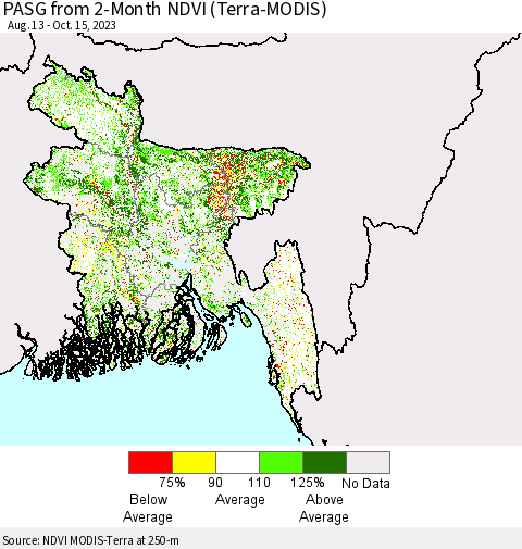 Bangladesh PASG from 2-Month NDVI (Terra-MODIS) Thematic Map For 10/8/2023 - 10/15/2023