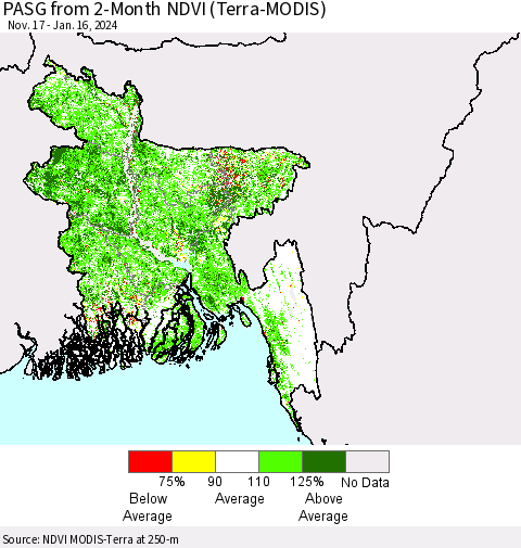 Bangladesh PASG from 2-Month NDVI (Terra-MODIS) Thematic Map For 1/9/2024 - 1/16/2024