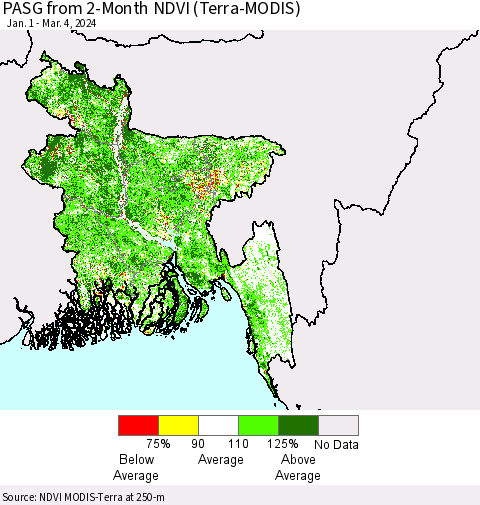 Bangladesh PASG from 2-Month NDVI (Terra-MODIS) Thematic Map For 2/26/2024 - 3/4/2024