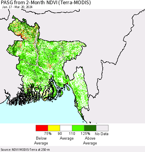 Bangladesh PASG from 2-Month NDVI (Terra-MODIS) Thematic Map For 3/13/2024 - 3/20/2024