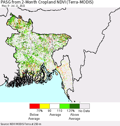 Bangladesh PASG from 2-Month Cropland NDVI (Terra-MODIS) Thematic Map For 7/4/2021 - 7/11/2021