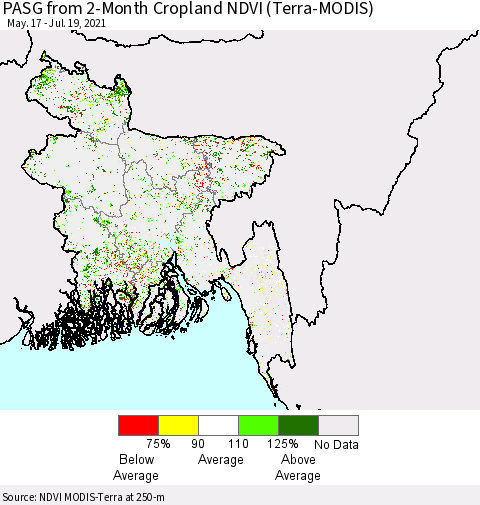 Bangladesh PASG from 2-Month Cropland NDVI (Terra-MODIS) Thematic Map For 7/12/2021 - 7/19/2021