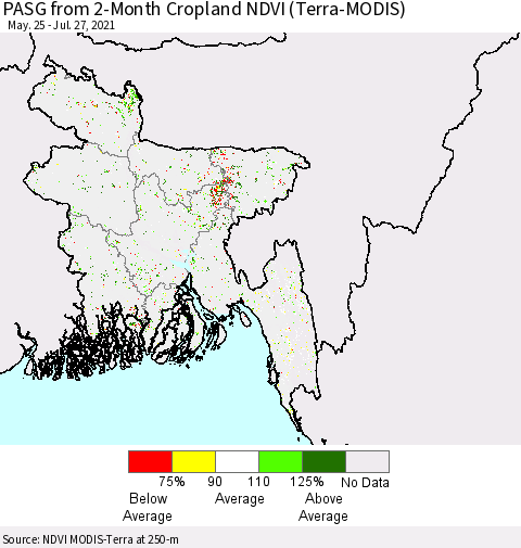 Bangladesh PASG from 2-Month Cropland NDVI (Terra-MODIS) Thematic Map For 7/20/2021 - 7/27/2021