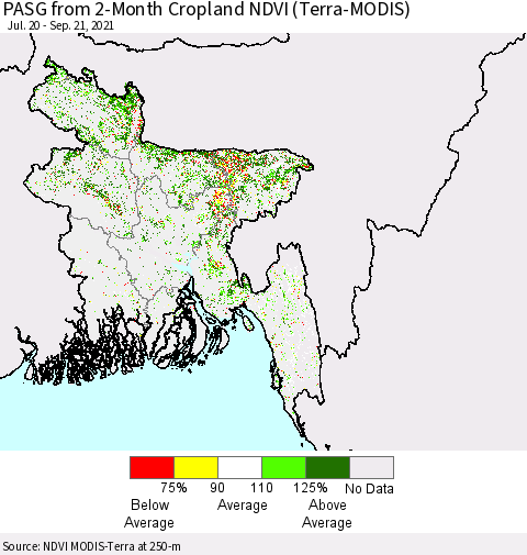 Bangladesh PASG from 2-Month Cropland NDVI (Terra-MODIS) Thematic Map For 9/14/2021 - 9/21/2021