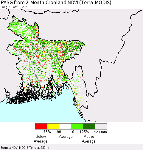 Bangladesh PASG from 2-Month Cropland NDVI (Terra-MODIS) Thematic Map For 9/30/2021 - 10/7/2021