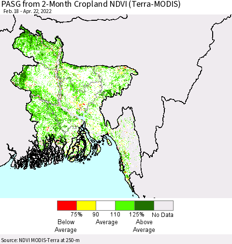 Bangladesh PASG from 2-Month Cropland NDVI (Terra-MODIS) Thematic Map For 4/15/2022 - 4/22/2022