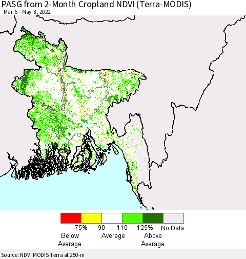 Bangladesh PASG from 2-Month Cropland NDVI (Terra-MODIS) Thematic Map For 5/1/2022 - 5/8/2022