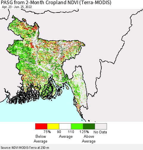 Bangladesh PASG from 2-Month Cropland NDVI (Terra-MODIS) Thematic Map For 6/18/2022 - 6/25/2022