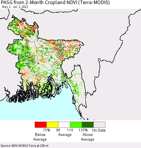 Bangladesh PASG from 2-Month Cropland NDVI (Terra-MODIS) Thematic Map For 6/26/2022 - 7/3/2022