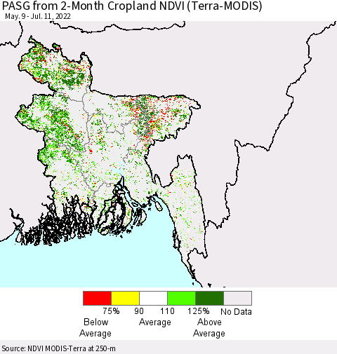 Bangladesh PASG from 2-Month Cropland NDVI (Terra-MODIS) Thematic Map For 7/4/2022 - 7/11/2022