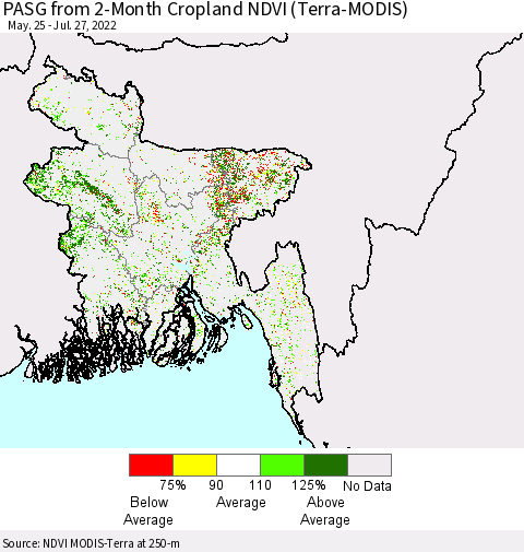 Bangladesh PASG from 2-Month Cropland NDVI (Terra-MODIS) Thematic Map For 7/20/2022 - 7/27/2022