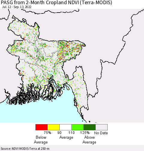 Bangladesh PASG from 2-Month Cropland NDVI (Terra-MODIS) Thematic Map For 9/6/2022 - 9/13/2022