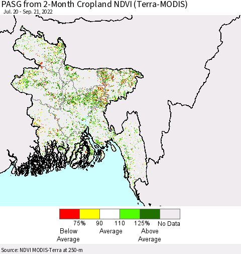 Bangladesh PASG from 2-Month Cropland NDVI (Terra-MODIS) Thematic Map For 9/14/2022 - 9/21/2022
