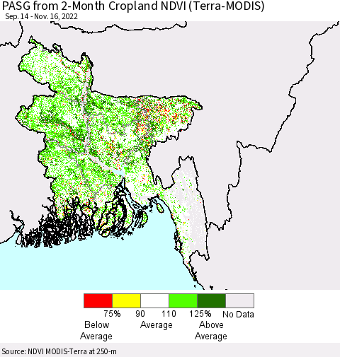 Bangladesh PASG from 2-Month Cropland NDVI (Terra-MODIS) Thematic Map For 11/9/2022 - 11/16/2022