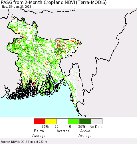 Bangladesh PASG from 2-Month Cropland NDVI (Terra-MODIS) Thematic Map For 1/17/2023 - 1/24/2023