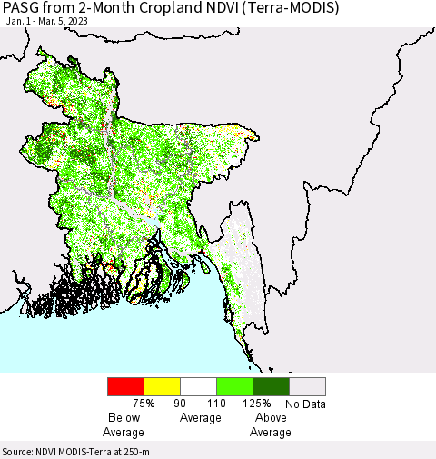 Bangladesh PASG from 2-Month Cropland NDVI (Terra-MODIS) Thematic Map For 2/26/2023 - 3/5/2023
