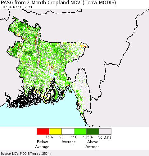 Bangladesh PASG from 2-Month Cropland NDVI (Terra-MODIS) Thematic Map For 3/6/2023 - 3/13/2023