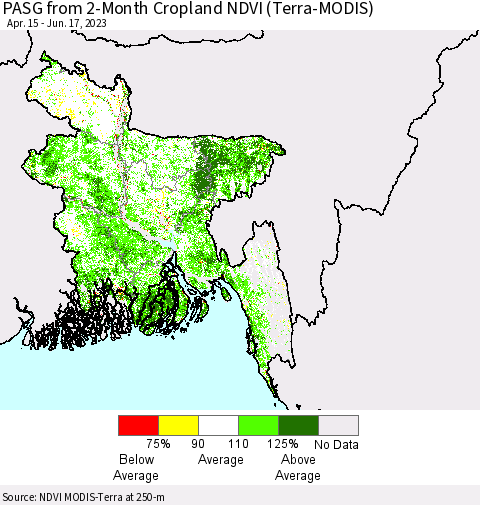 Bangladesh PASG from 2-Month Cropland NDVI (Terra-MODIS) Thematic Map For 6/10/2023 - 6/17/2023