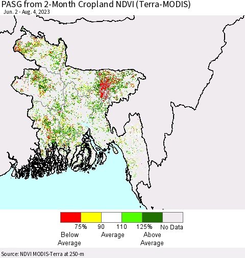 Bangladesh PASG from 2-Month Cropland NDVI (Terra-MODIS) Thematic Map For 7/28/2023 - 8/4/2023