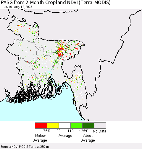Bangladesh PASG from 2-Month Cropland NDVI (Terra-MODIS) Thematic Map For 8/5/2023 - 8/12/2023