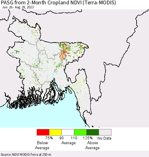 Bangladesh PASG from 2-Month Cropland NDVI (Terra-MODIS) Thematic Map For 8/21/2023 - 8/28/2023