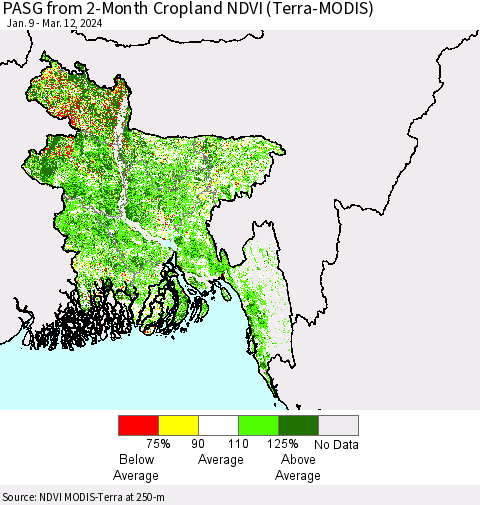 Bangladesh PASG from 2-Month Cropland NDVI (Terra-MODIS) Thematic Map For 3/5/2024 - 3/12/2024