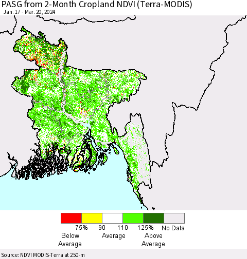Bangladesh PASG from 2-Month Cropland NDVI (Terra-MODIS) Thematic Map For 3/13/2024 - 3/20/2024