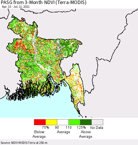 Bangladesh PASG from 3-Month NDVI (Terra-MODIS) Thematic Map For 7/4/2021 - 7/11/2021