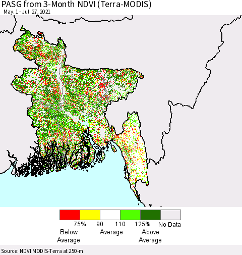 Bangladesh PASG from 3-Month NDVI (Terra-MODIS) Thematic Map For 7/20/2021 - 7/27/2021